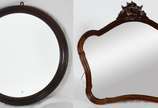Dois espelhos  com moldura de jacarandá, sendo ... - Dois espelhos  com moldura de jacarandá, sendo um redondo e outro com espelho bisotado (partes oxidadas  no espelho).
