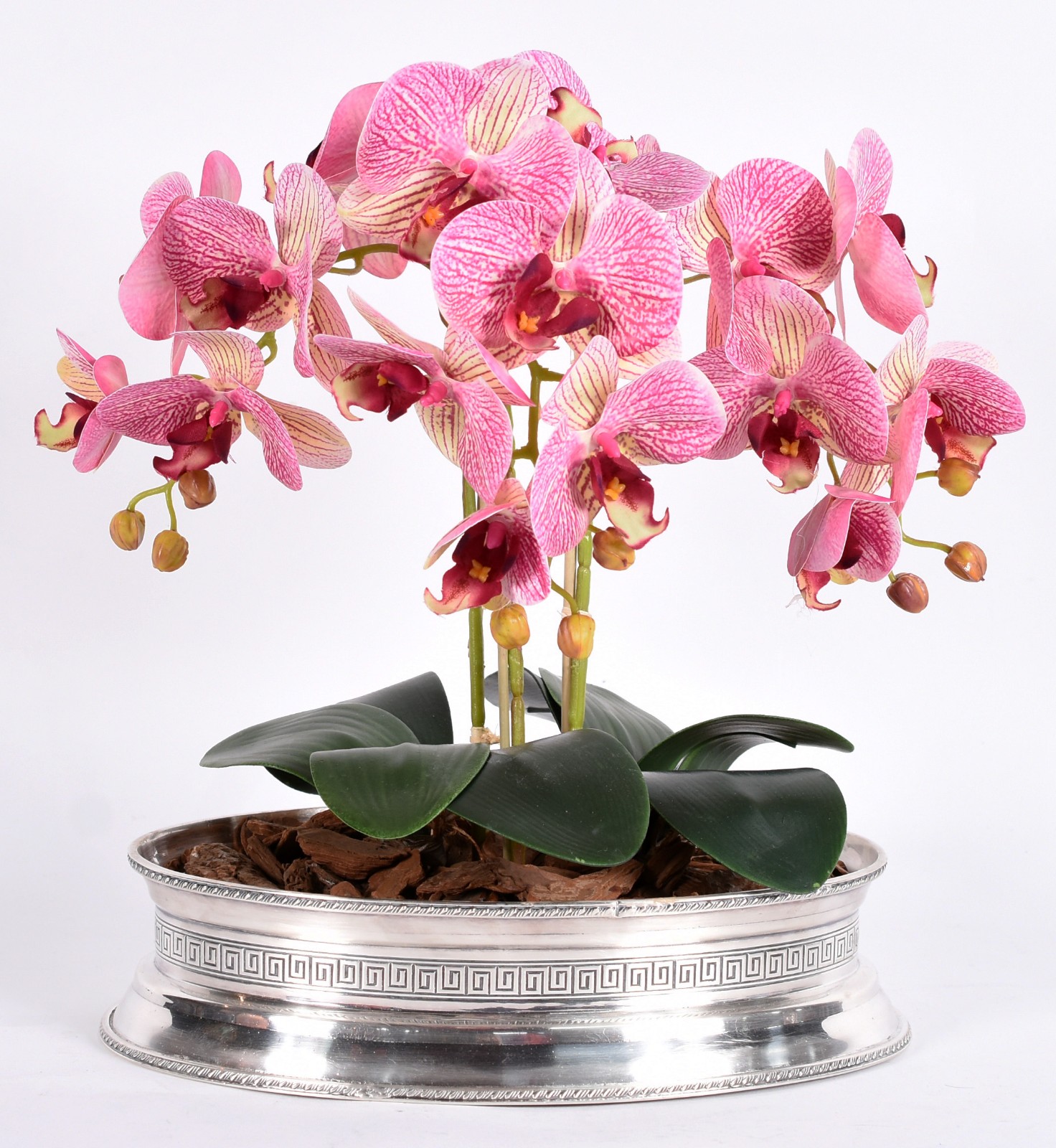 Cachepot com banho de prata com composição de orquídeas permanentes. - foto 1 de 5