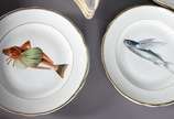 Serviço para peixe de porcelana Real composto p... - Serviço para peixe de porcelana Real composto por 12 pratos rasos, 12 porta espinhas, molheira, sopeira com tampa e travessa. Total 27 peças.