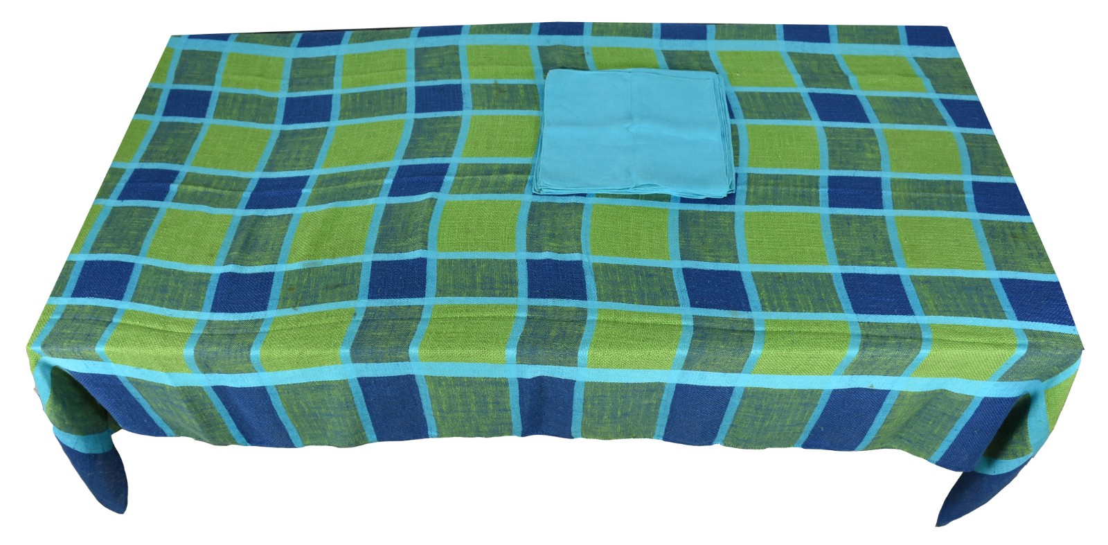 Toalha de mesa em tecido rústico nos tons de azul com 12 guardanapos. - foto 1 de 2