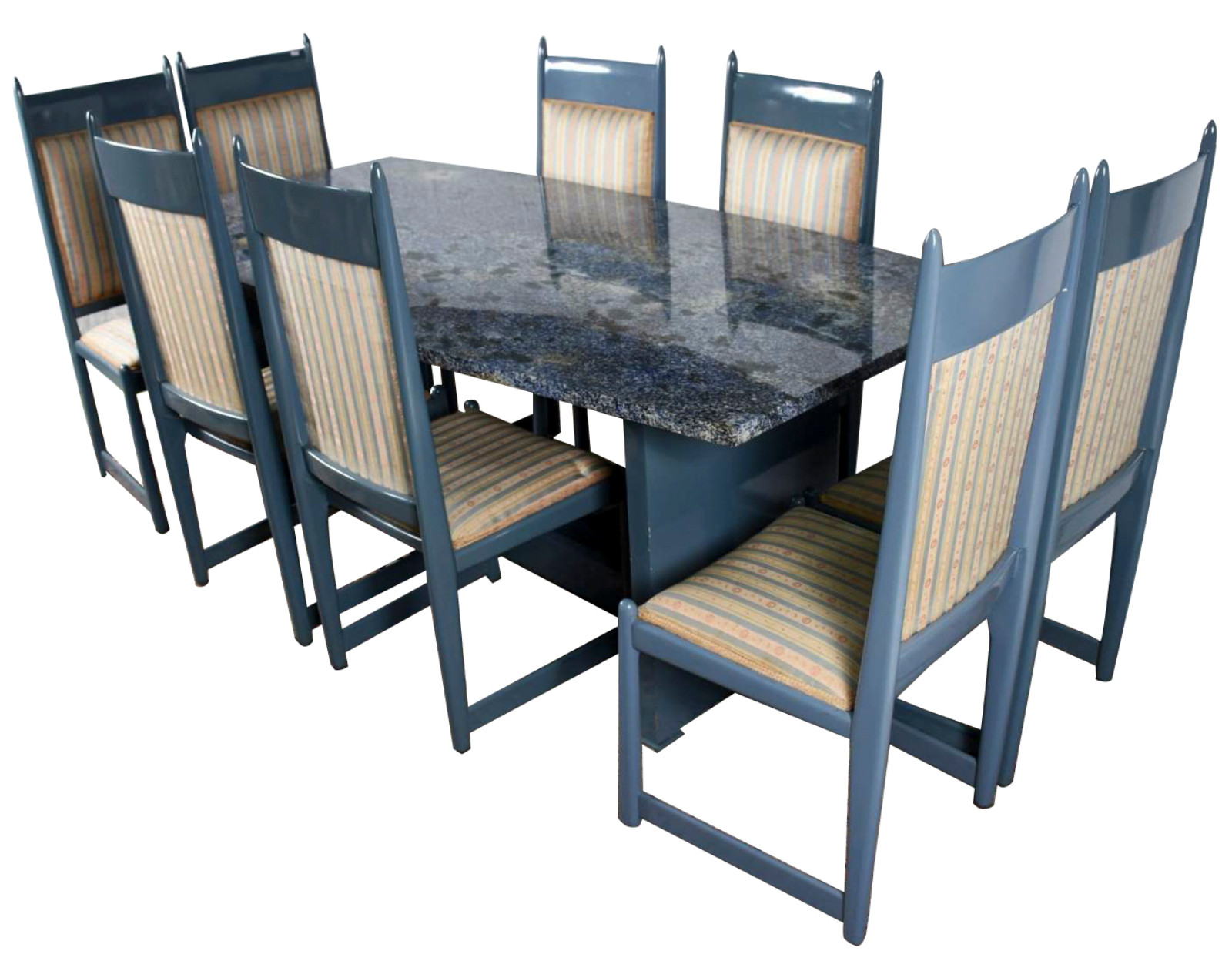 Mesa de jantar de madeira laqueada de cinza e tampo de granito com 8... - foto 1 de 8