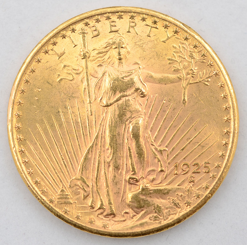 Moeda de ouro de 20 dólares, datada 1925 - Peso aproximado 33,5 g. - foto 1 de 2