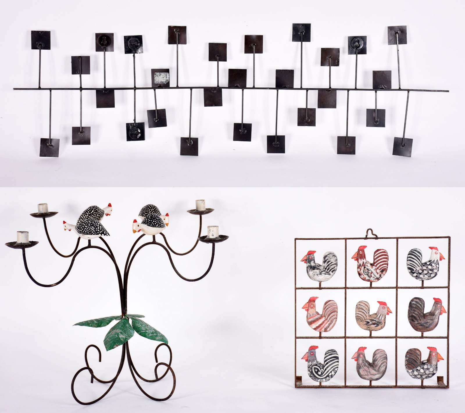 Dois enfeites com galinhas d'angola, sendo um candelabro para 4 velas... - foto 1 de 6