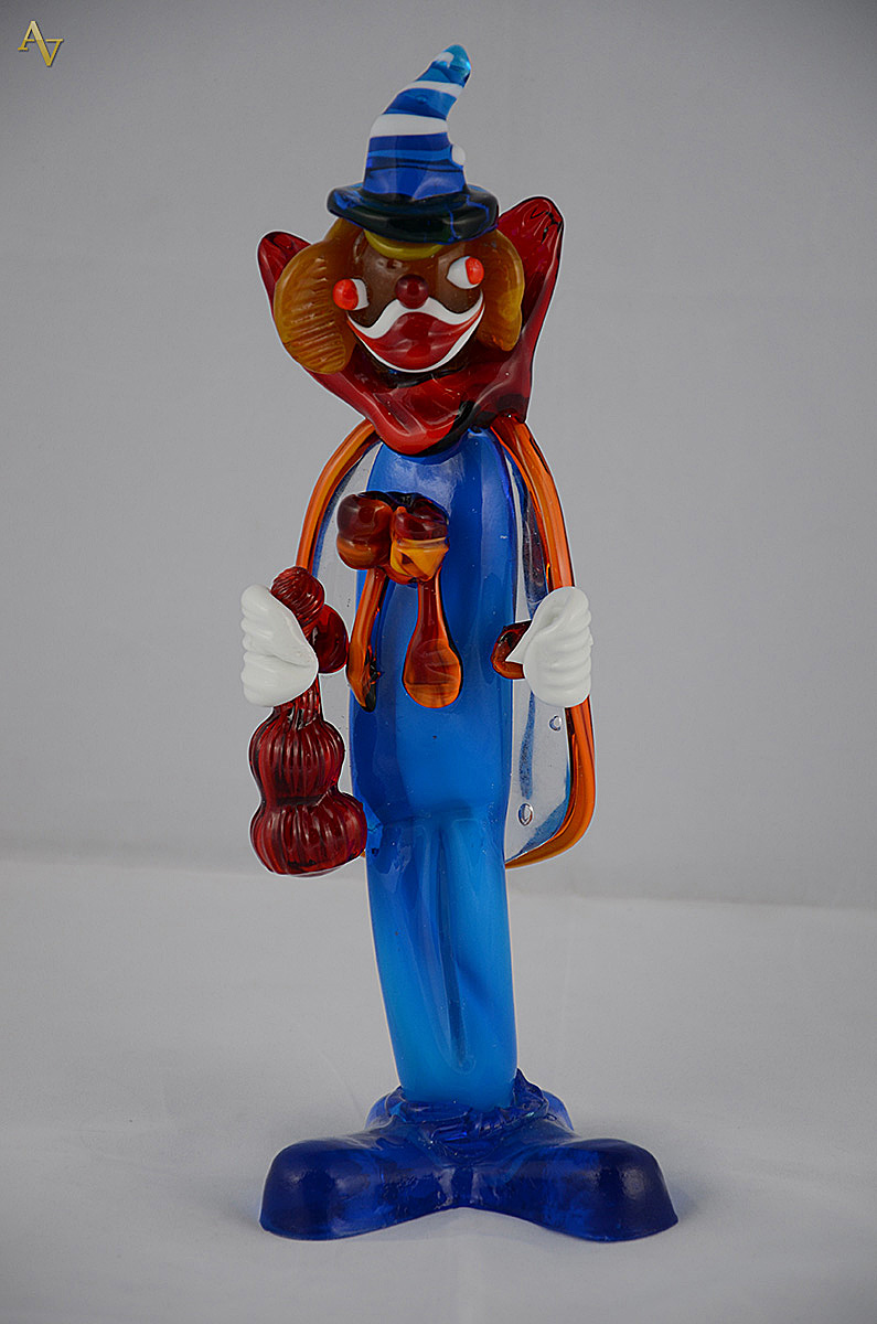 Palhaço de murano na cor azul turquesa, altura 30 cm.