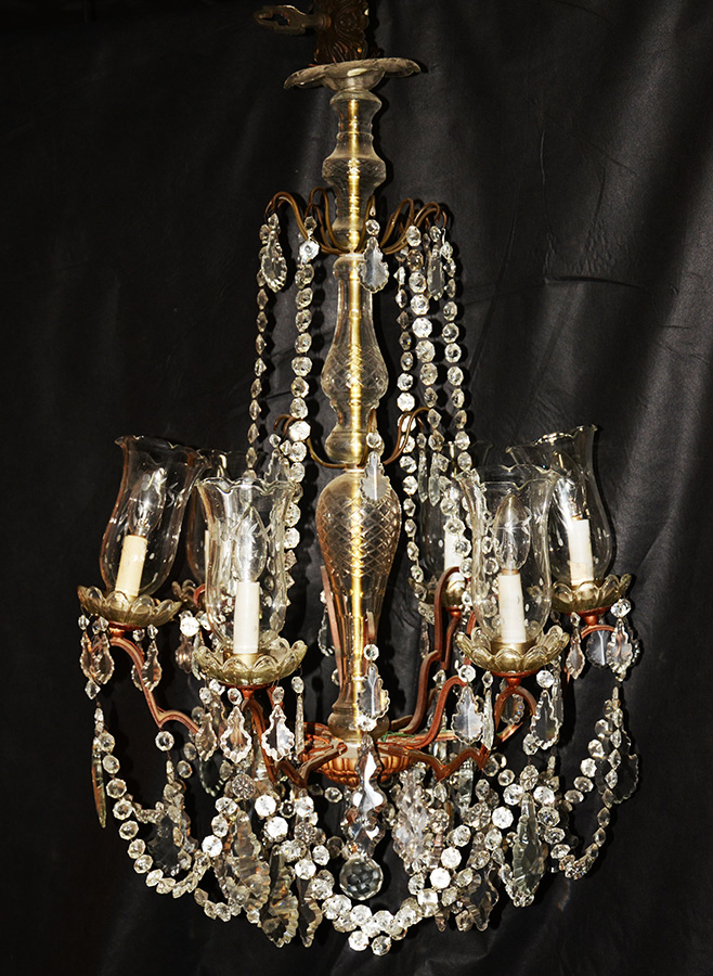 Lustre de bronze e cristal para 6 luzes com placas e pingentes...