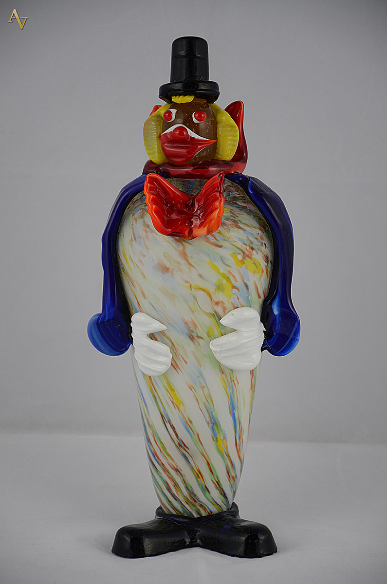Palhaço de murano branco mesclado, altura 33 cm.