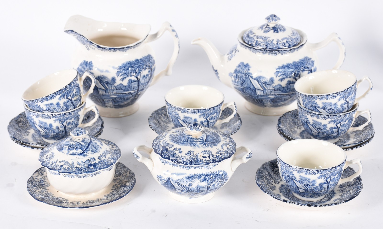Serviço de chá de faiança inglesa azul e branco, 6 xícaras com pires... - foto 1 de 5