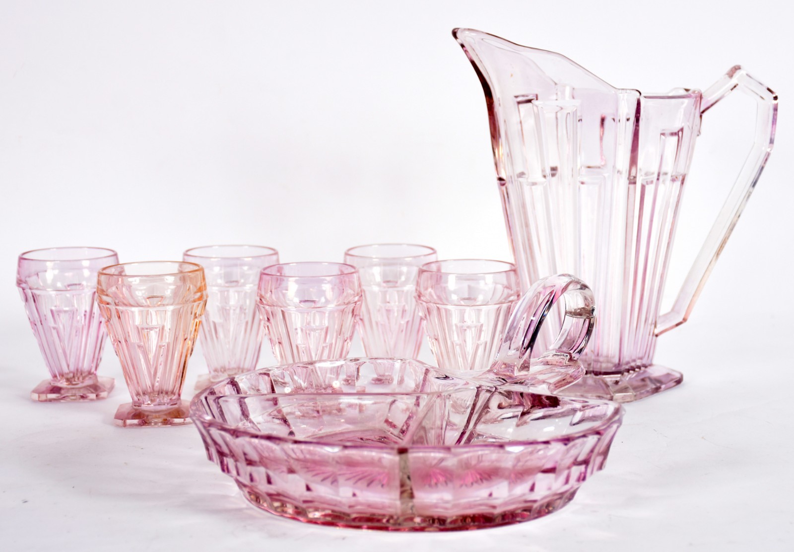 Jarra com 6 copos e uma petisqueira de vidro rosa Art Deco. - foto 1 de 4