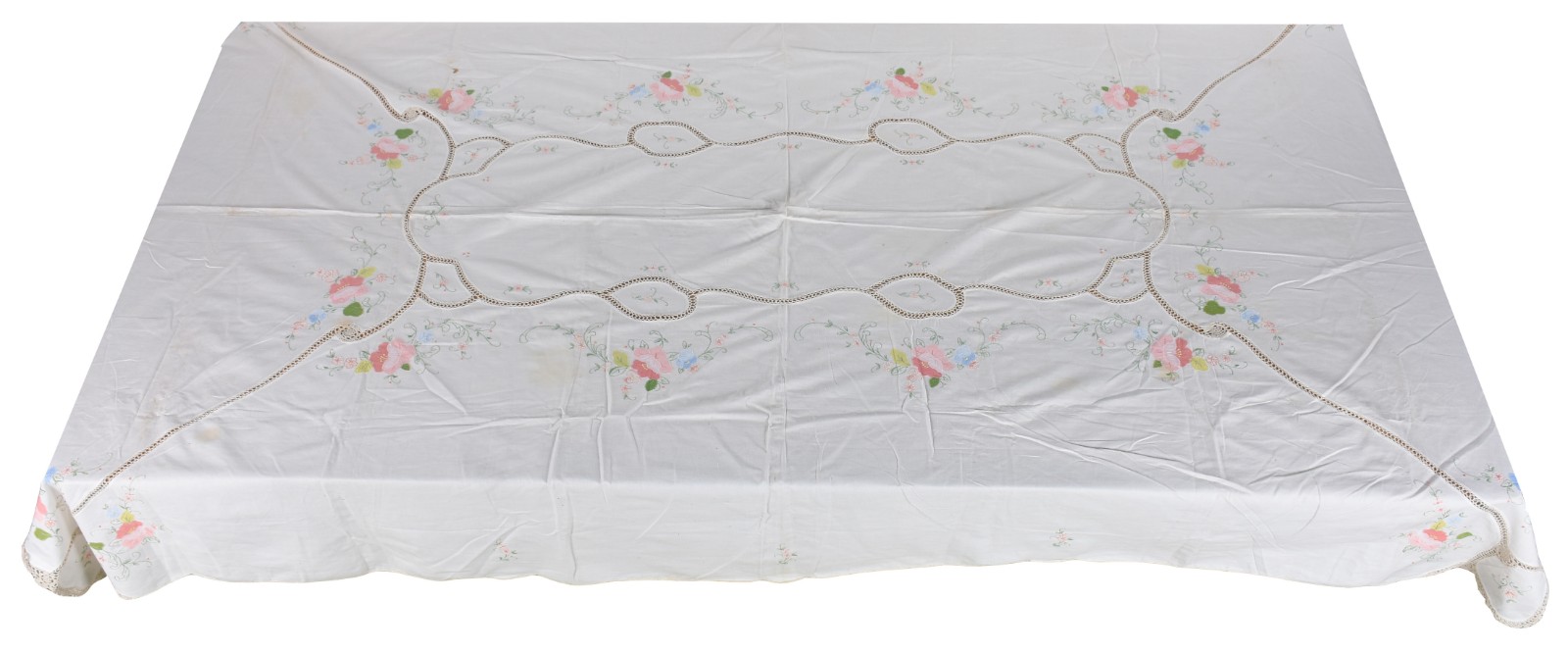 Toalha de mesa de linho com bordado de flores coloridas (com manchas). - foto 1 de 4