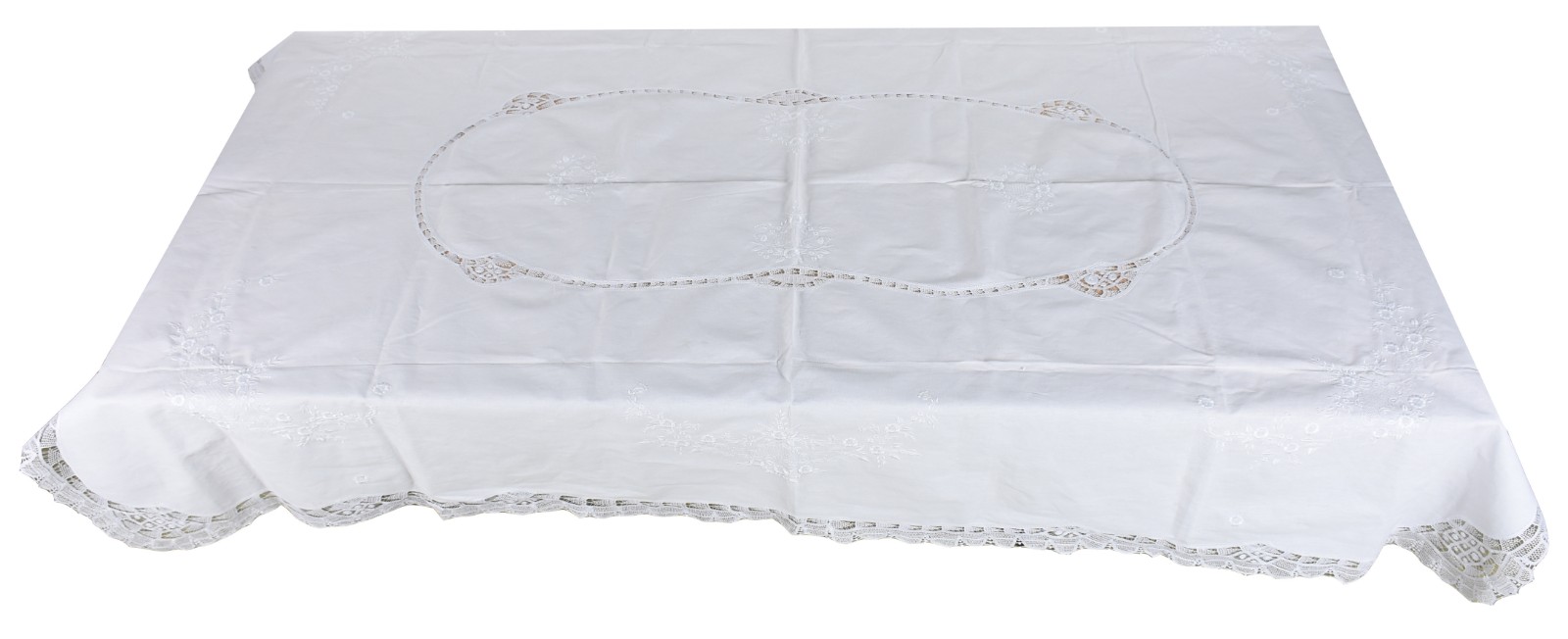 Toalha de mesa de linho branco com bordados florais e renda nas... - foto 1 de 3