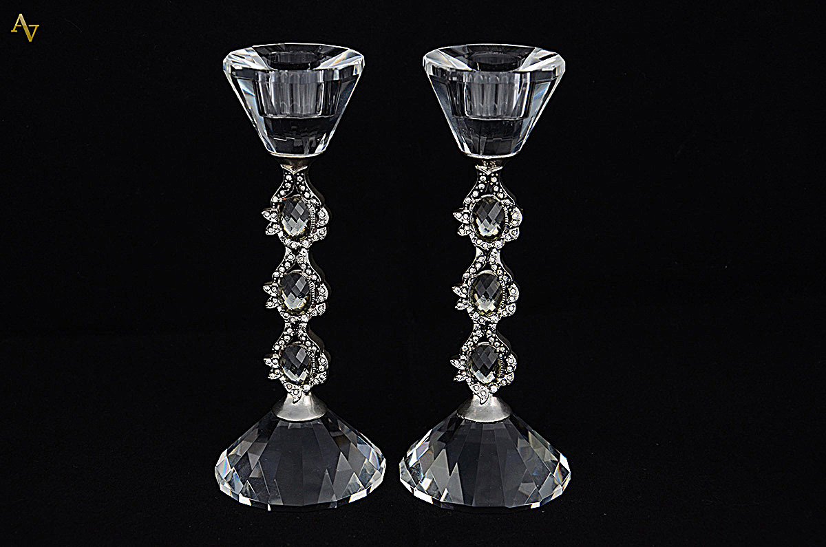 Par de castiçais de cristal e metal - Altura 20 cm cada