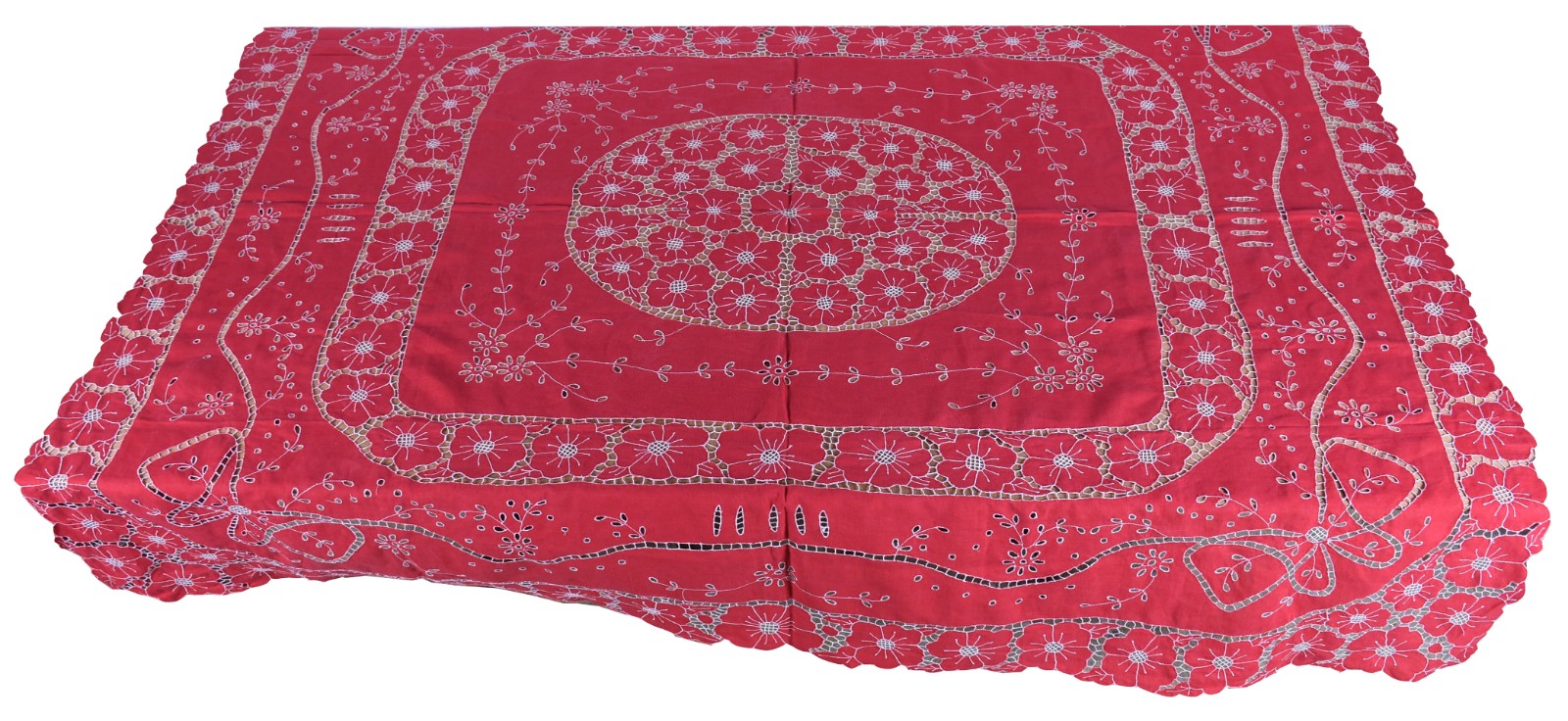 Toalha de mesa de linho vermelho com flores bordadas e vazados. - foto 1 de 2