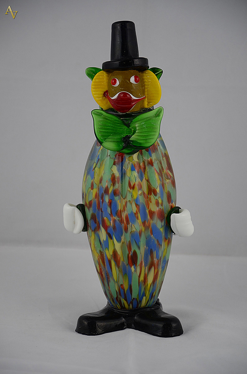 Palhaço de murano verde mesclado, altura 30 cm.