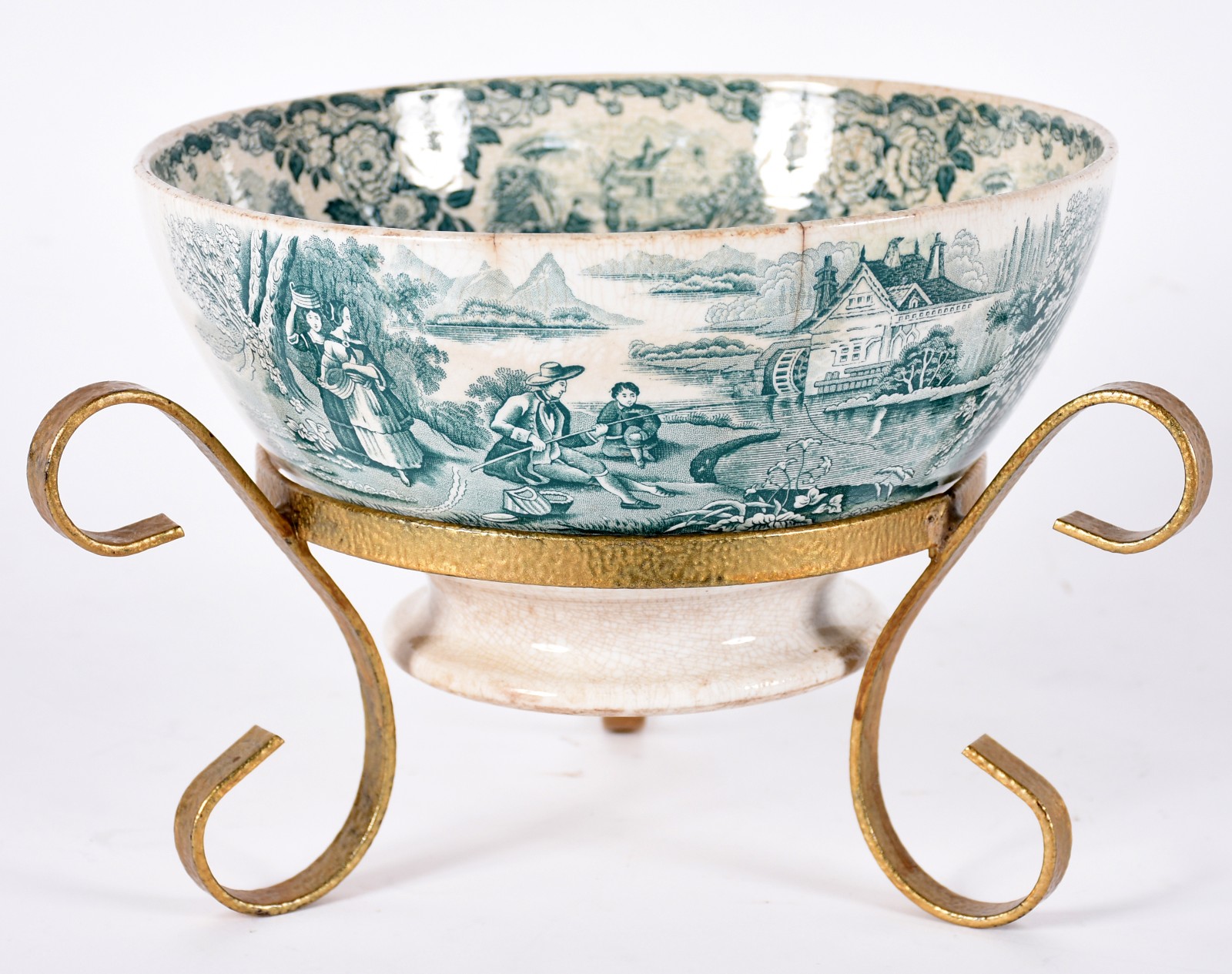 Bowl de faiança inglesa Miller decorada com paisagem em verde e... - foto 1 de 5
