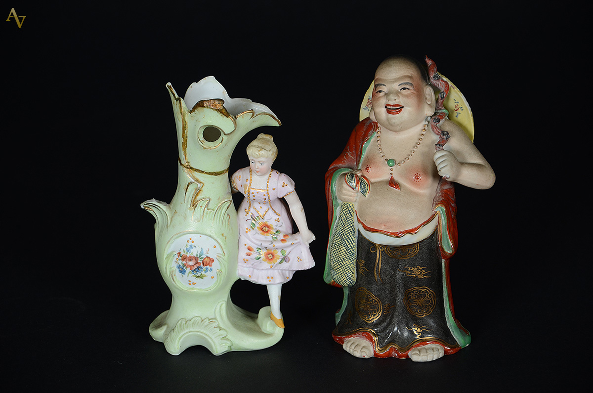 Floreira de biscuit e figura chinesa de porcelana - Altura 18 cm e 16...