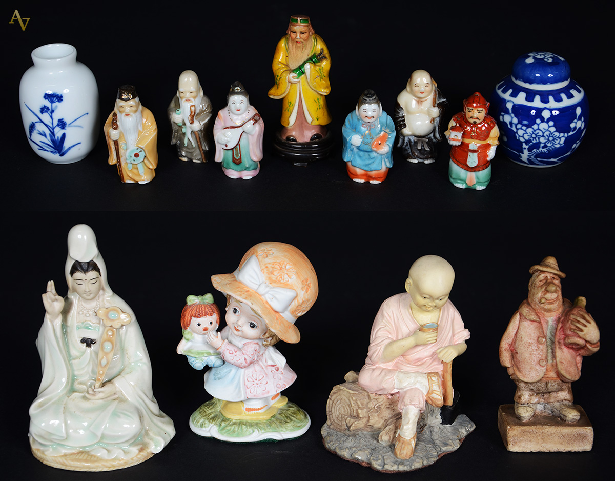 Lote com 11 figuras diversas e 2 vasos de porcelana. Altura 6 cm à 13...