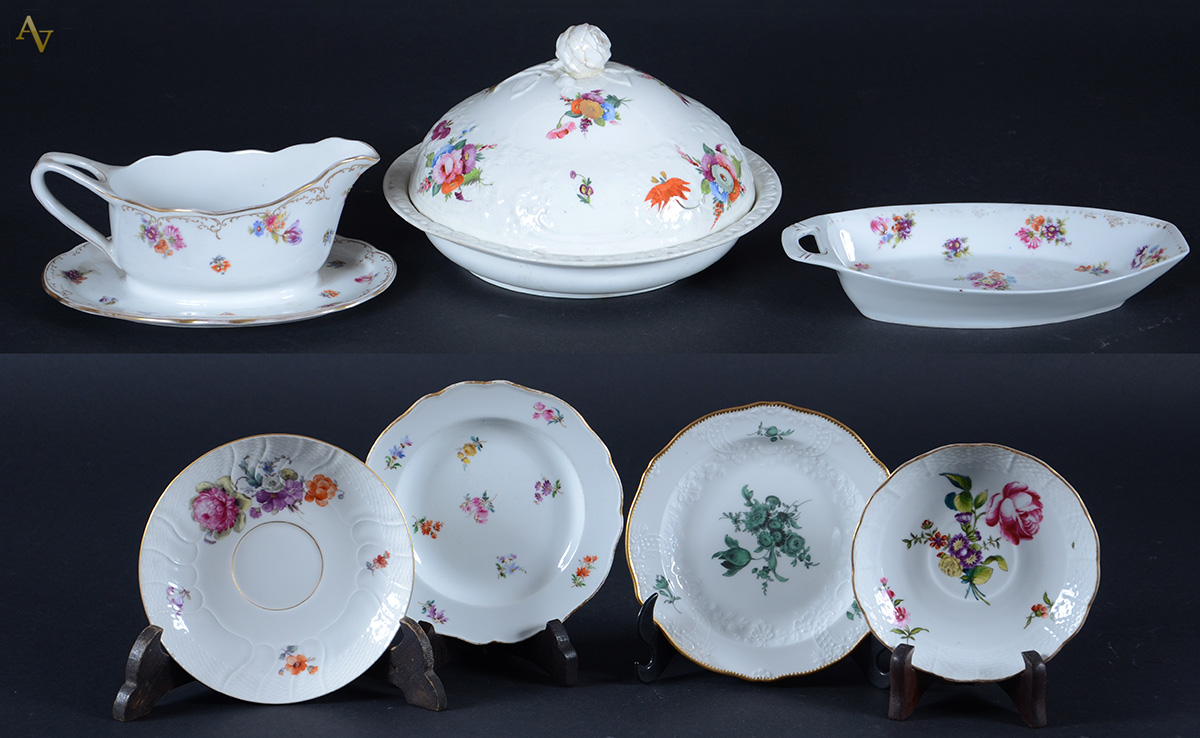 Sete peças diversas de porcelana, sendo 2 de MEISSEN (diâmetros 17 e... - foto 1 de 3
