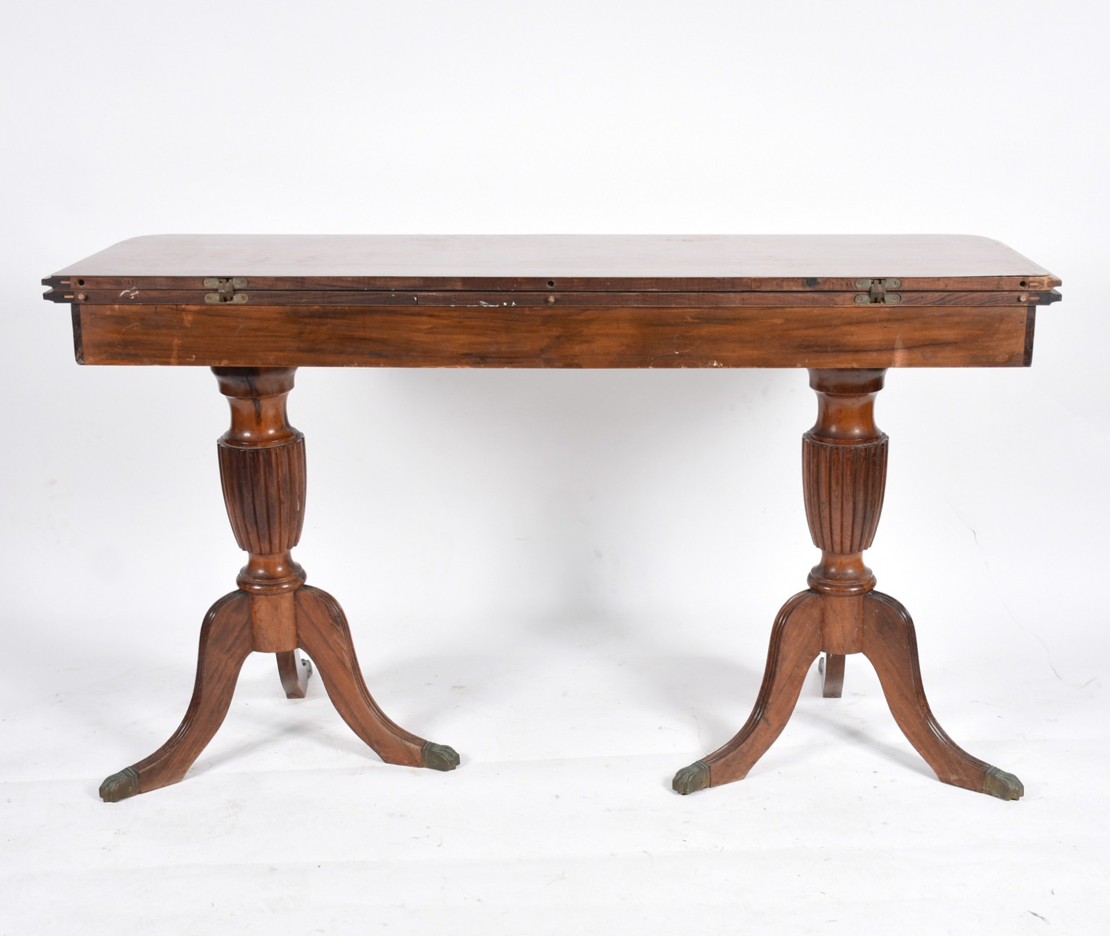 Mesa console de madeira nobre, duas gavetas, tampo dobrável, base em... - foto 6 de 6