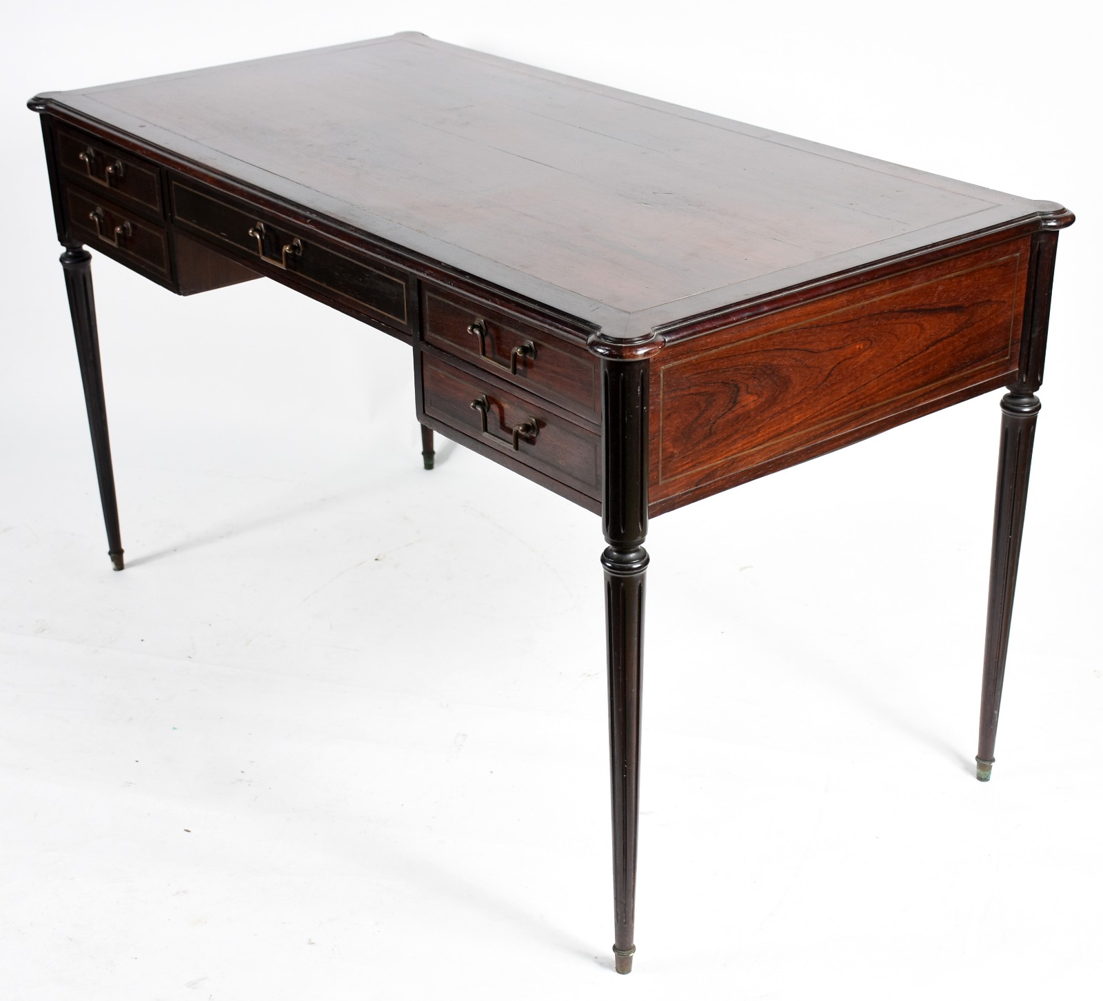 Mesa de escritório de jacarandá, cinco gavetas, puxadores de metal e... - foto 1 de 5