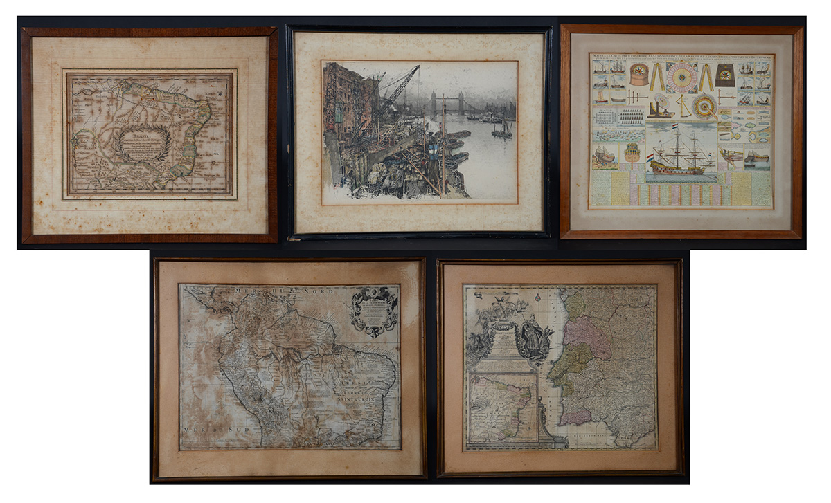 Cinco gravuras diversas (mapas, etc..) med.menor 20 x 28 maior 47 x...