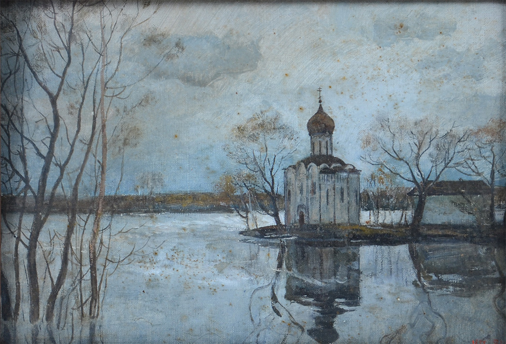 Quadro russo - óleo sobre tela - Paisagem com igreja - 22 x 33 - foto 1 de 2