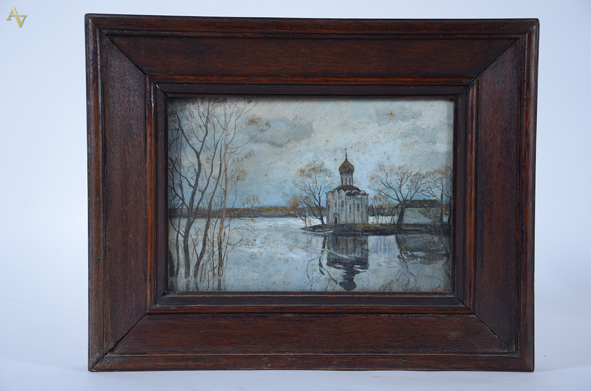 Quadro russo - óleo sobre tela - Paisagem com igreja - 22 x 33 - foto 2 de 2