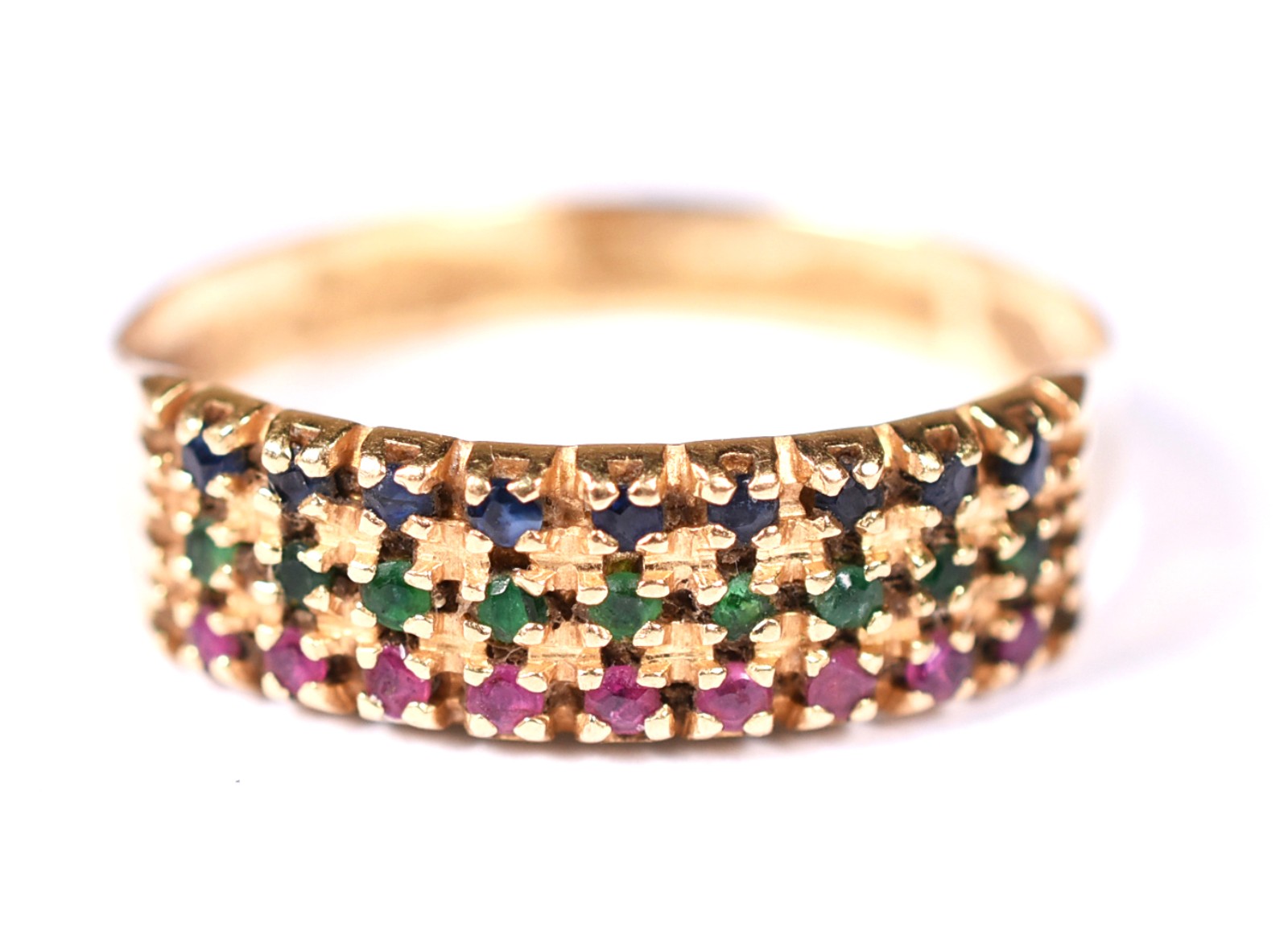 Anel de ouro contraste 750 com rubis e esmeraldas, aro 14 (Por... - foto 1 de 4