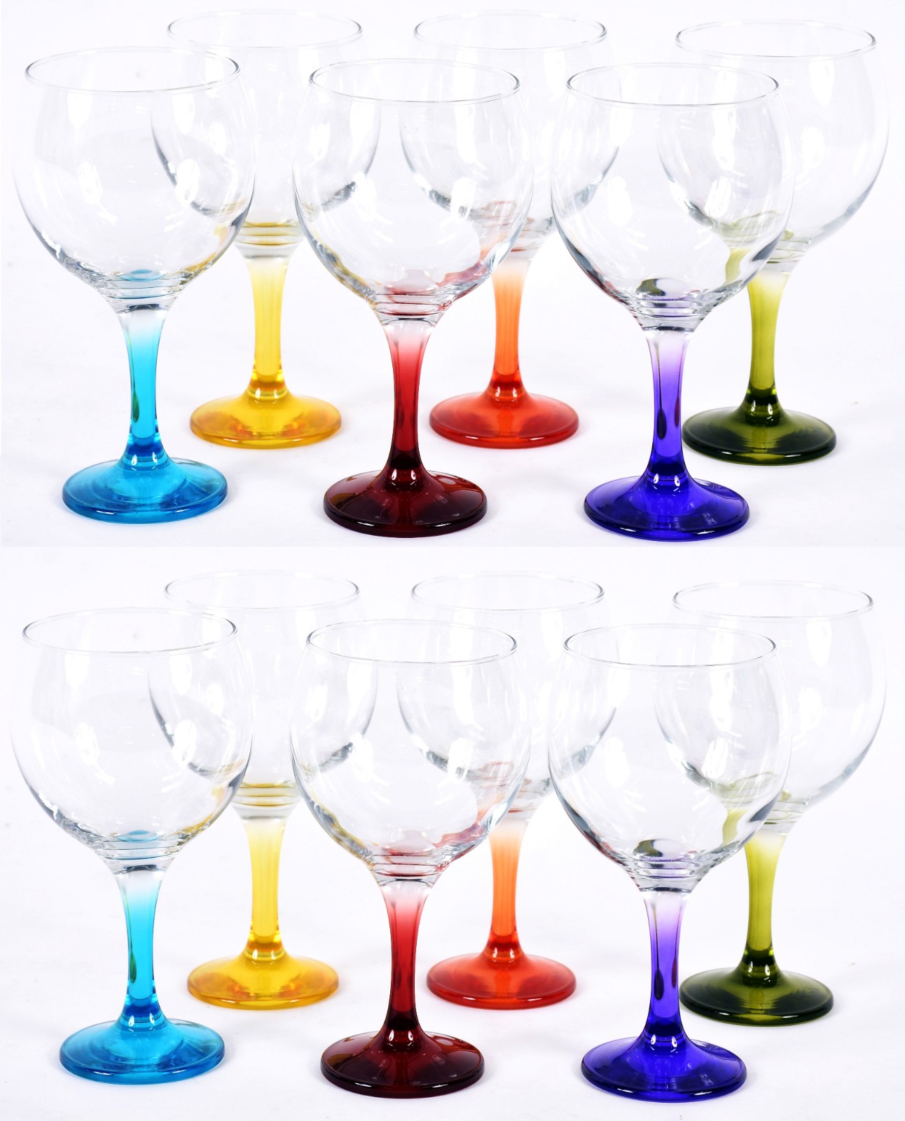 Doze taças para vinho de vidro feitio balloon com pés coloridos. - foto 1 de 4