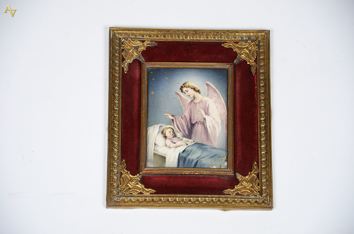 Pequena placa com cena religiosa, med. externa 16 x 14 cm.
