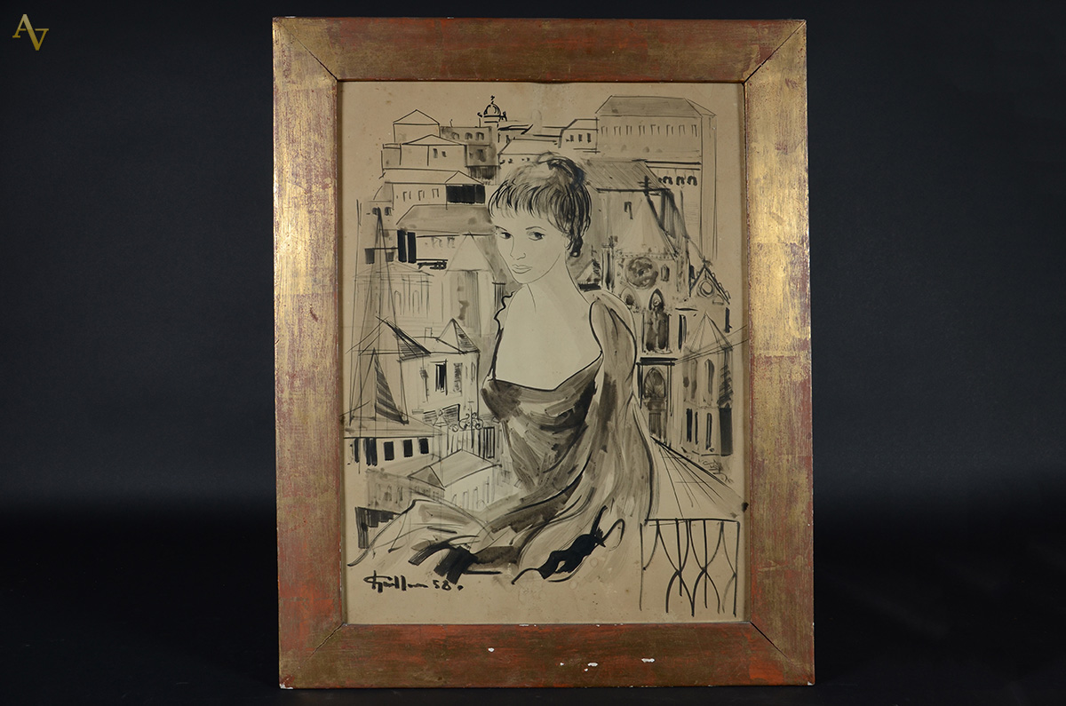 GUILHON - Figura feminina com casarios ao fundo - guache - 1958 - 73...