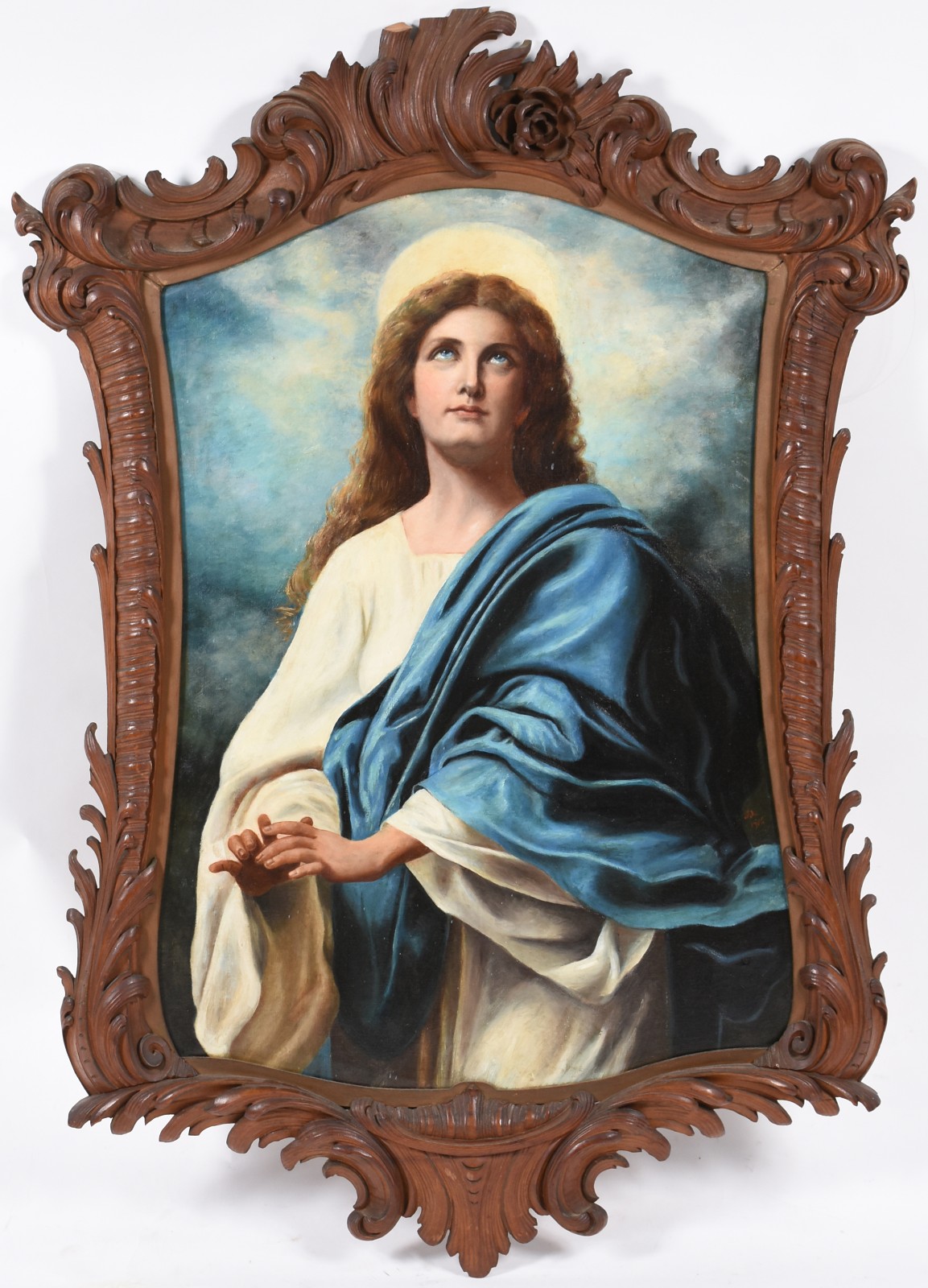 Pintura Sacra, óleo sobre tela, moldura de madeira trabalhada... - foto 1 de 3