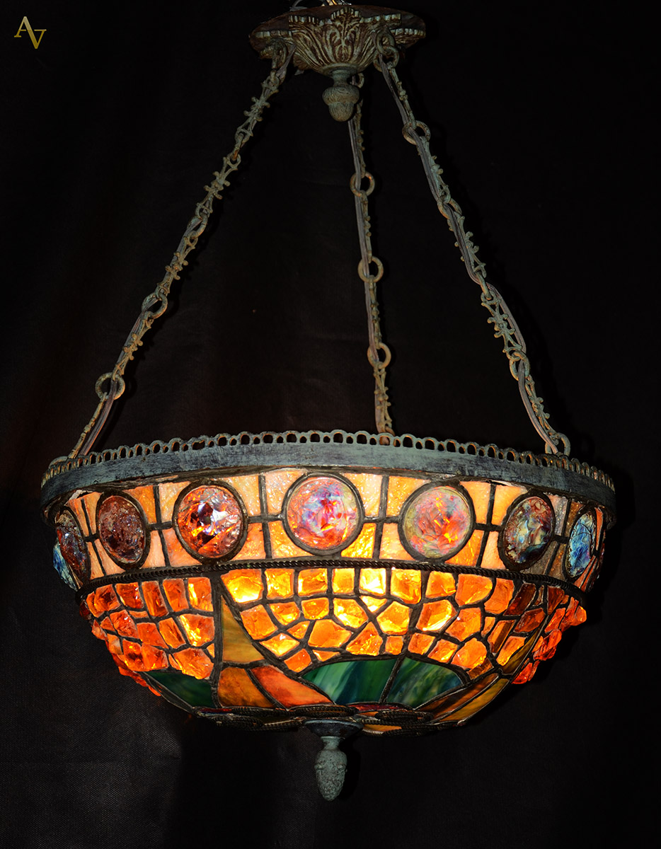 Lustre com plafonier em placas de pasta de vidro multicor, correntes...