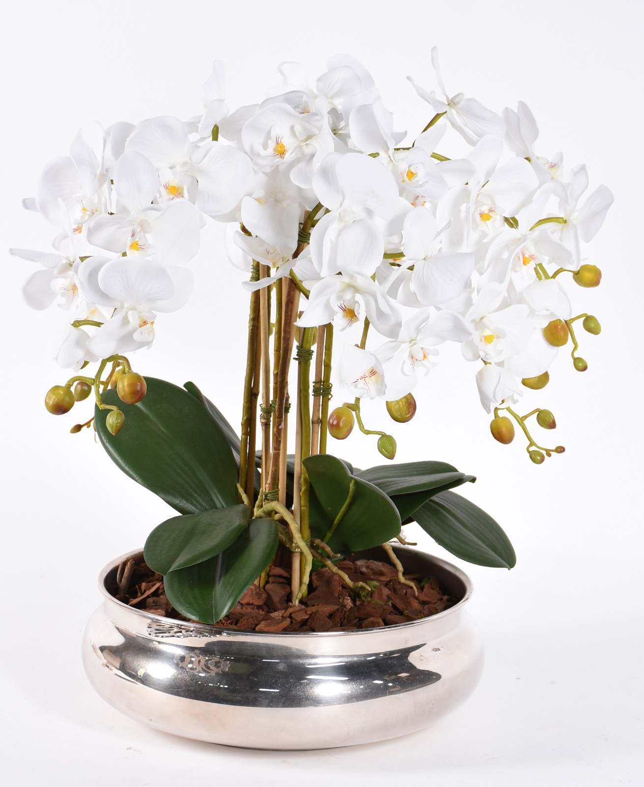 Cachepot com banho de prata com composição de orquídeas permanentes. - foto 2 de 3