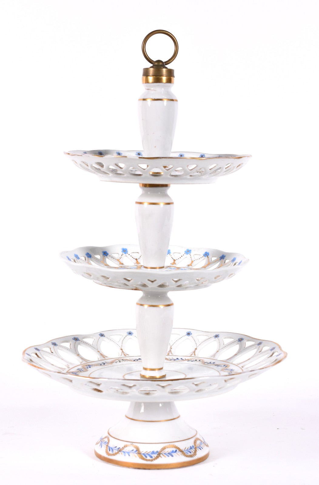 Fruteira de porcelana com 3 pratos decorados com guirlandas em azul e... - foto 1 de 5