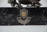 Escultura espanhola de metal prateado represent... - Escultura espanhola de metal prateado representando &#34;SANT JORDI&#34;, Catalunya - São Jorge com dragão - Base de mármore -  Alt.total 25 cm.