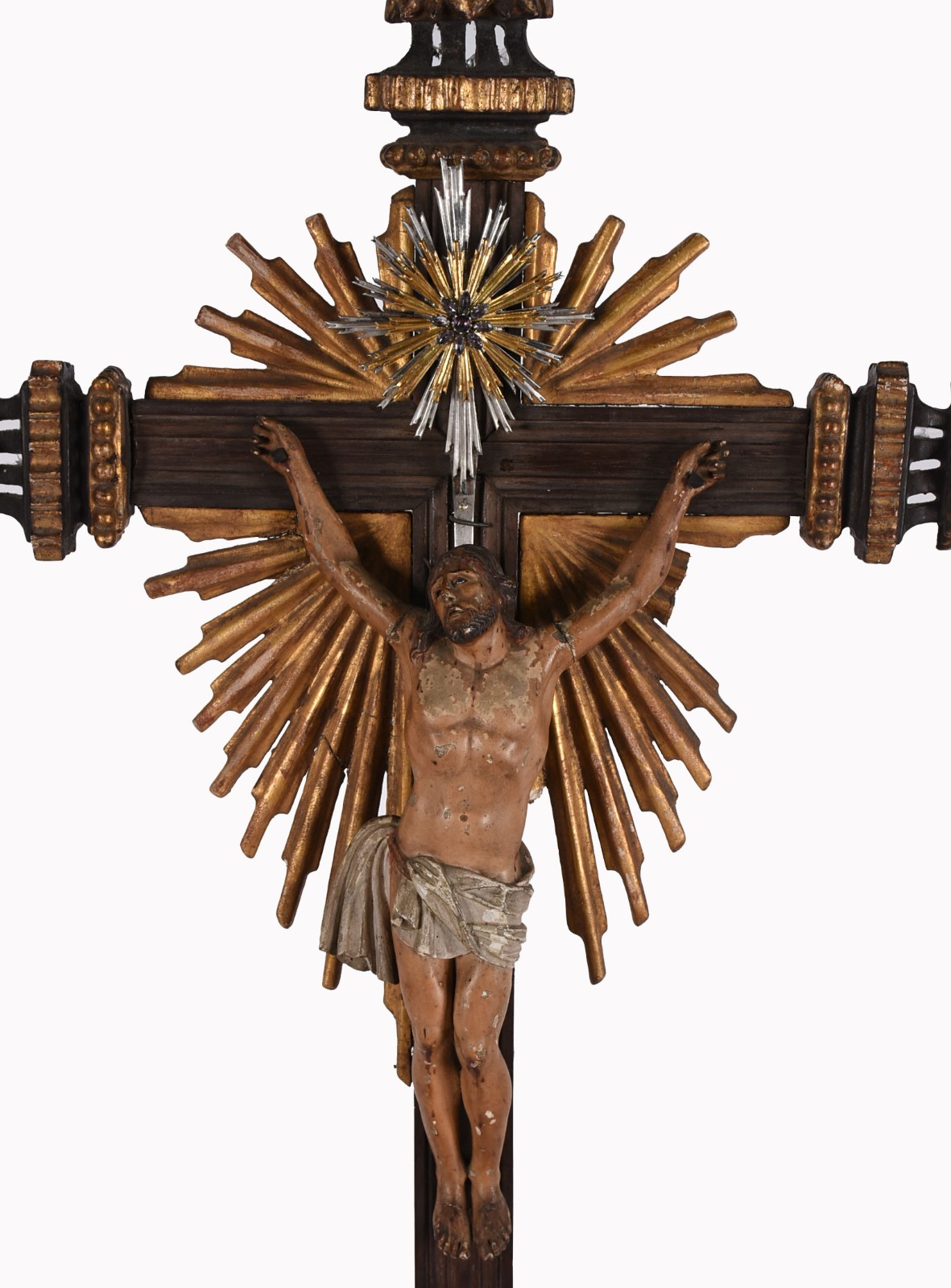 Belíssimo e antigo crucifixo de madeira nobre com figura de Cristo... - foto 2 de 7