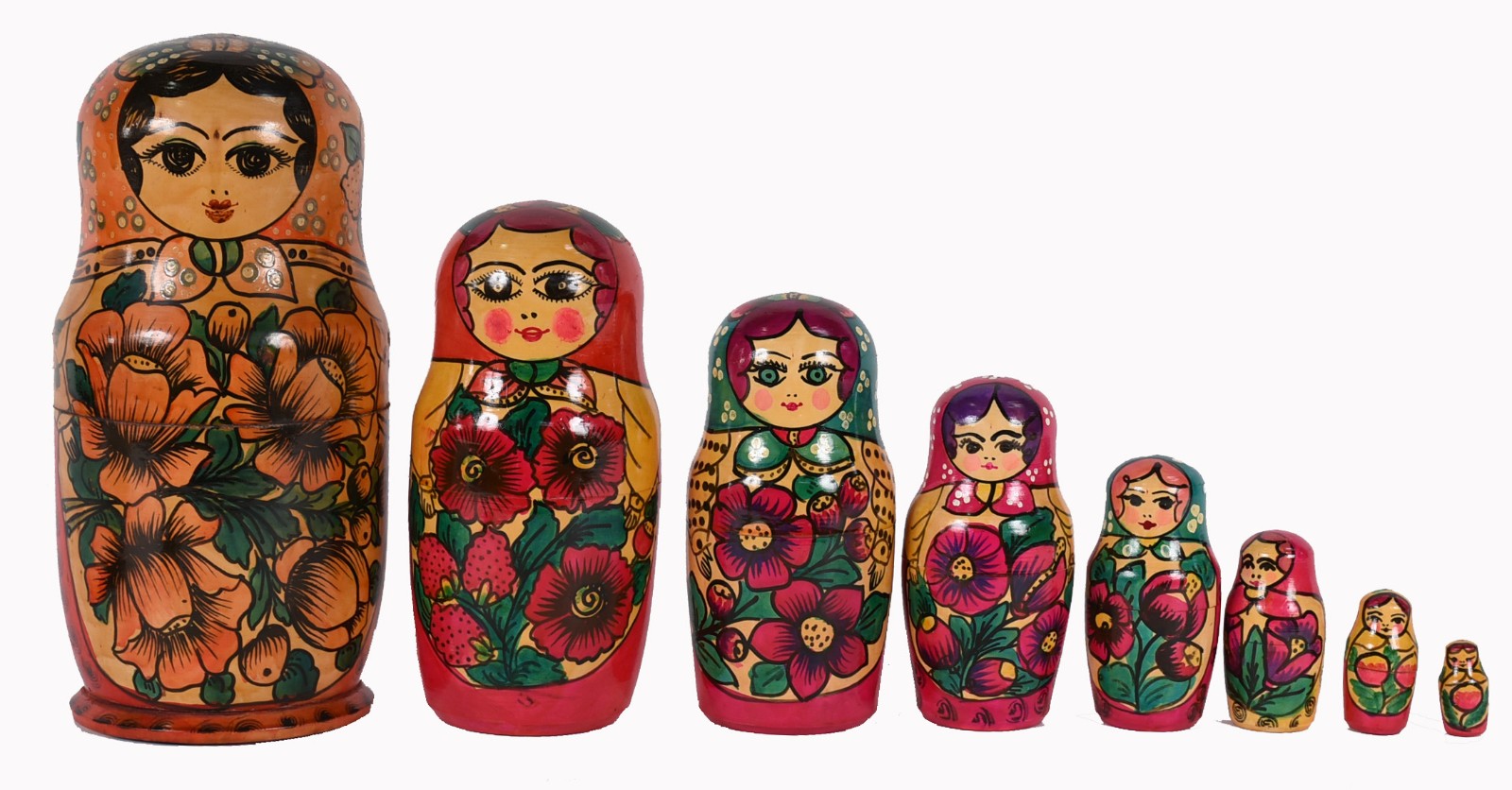 Grande Matryoshka de madeira policromada composta de 8 bonecas. - foto 1 de 6