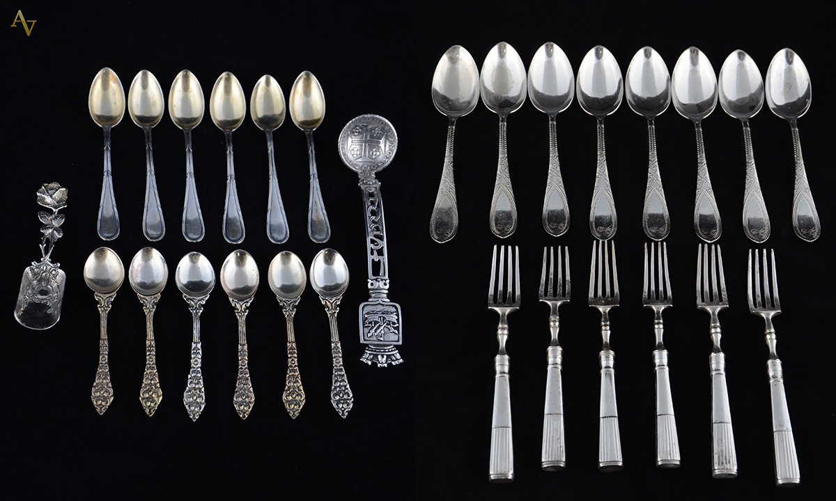 Lote com 8 colheres de sobremesa de metal J.Russell & Co., 6 garfos...