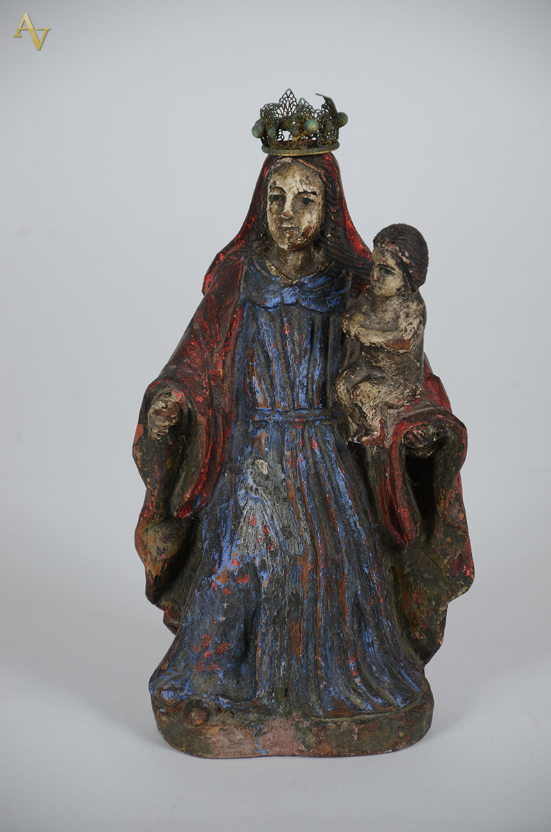 NOSSA SENHORA COM MENINO - Antiga imagem de madeira policromada e... - foto 1 de 2
