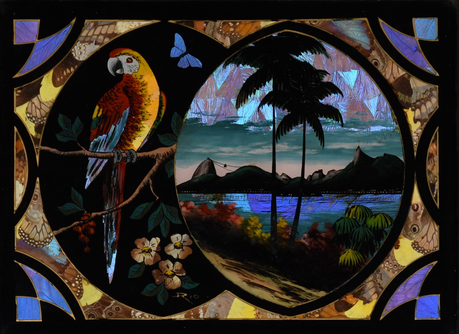 Quadro anos 50, com paisagem do Pão de Açúcar ao fundo e arara. - foto 1 de 4