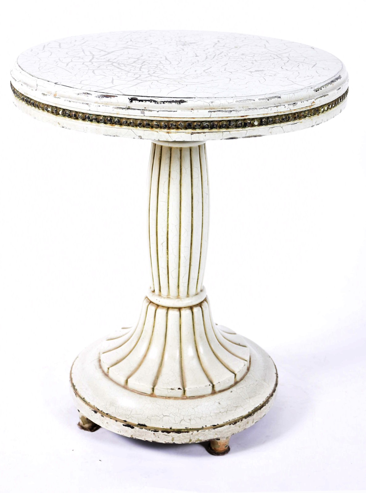 Mesa auxiliar de madeira nobre patinada de branco, feitio redondo... - foto 1 de 5