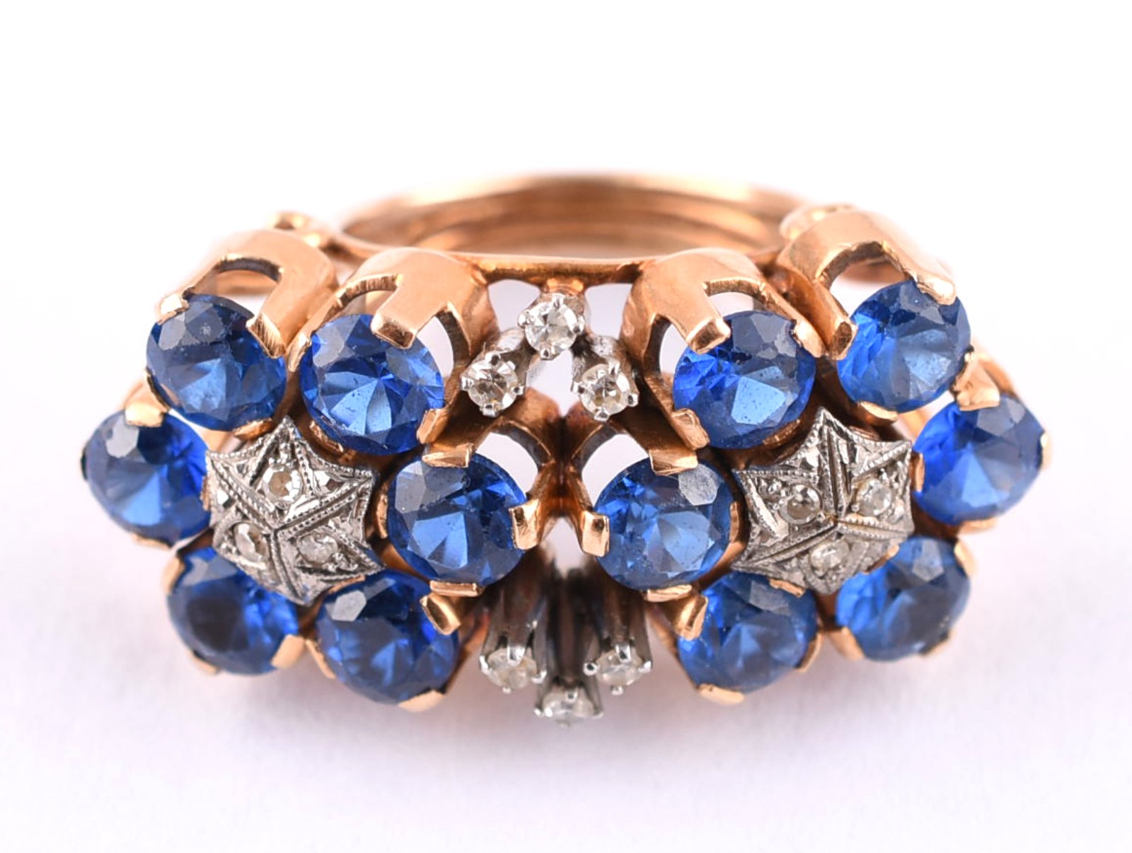 Anel de ouro 18 k com pedras azuis e detalhes cravejados de... - foto 1 de 3