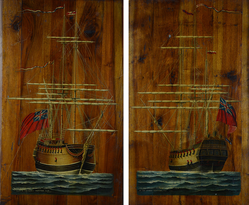 Par de placas de madeira de navio com pinturas em policromia. Medida... - foto 1 de 3