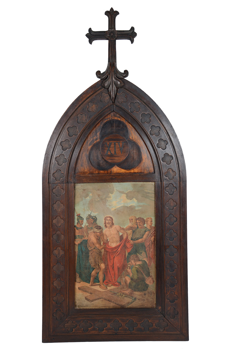 Quadro sacro representando uma passagem da Via Sacra, pintada a óleo...