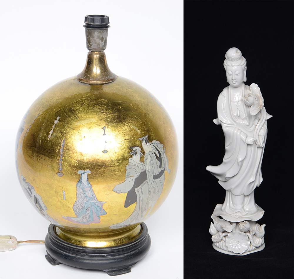 Duas peças, sendo estatueta de porcelana Blanc de Chine (altura 31 cm...