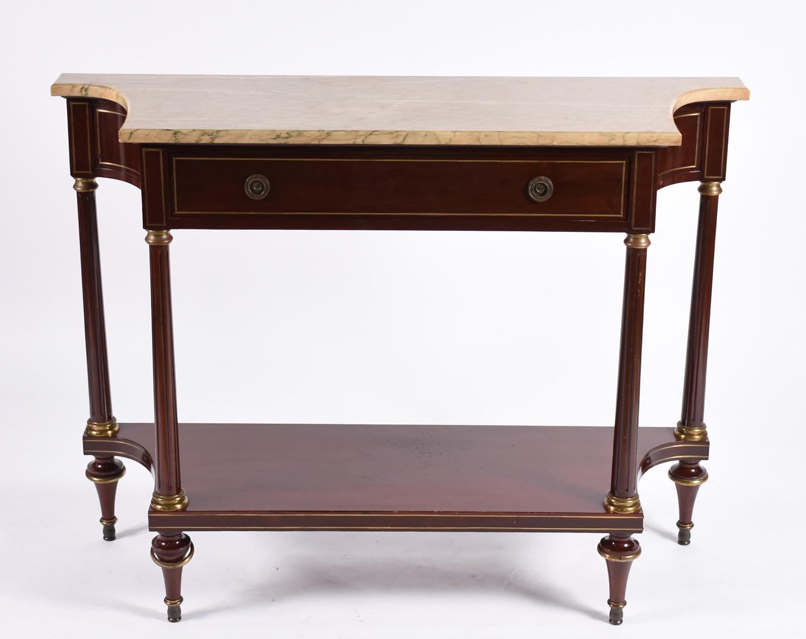 Console estilo inglês de madeira nobre filetada, uma gaveta, platô... - foto 1 de 6