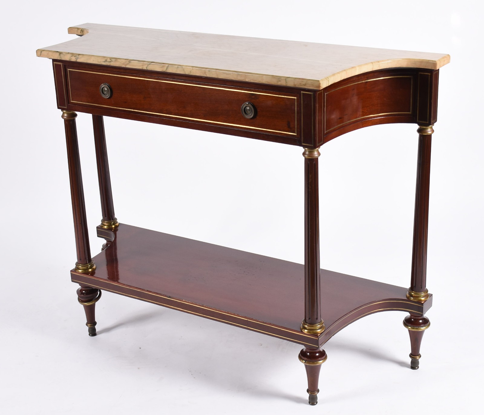 Console estilo inglês de madeira nobre filetada, uma gaveta, platô... - foto 2 de 6