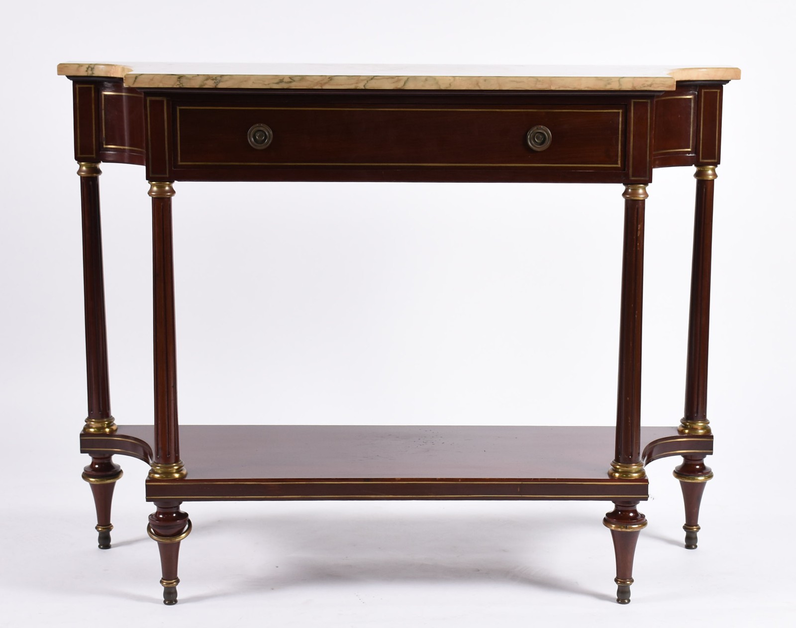 Console estilo inglês de madeira nobre filetada, uma gaveta, platô... - foto 3 de 6