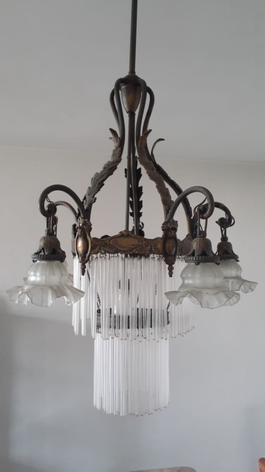 Lustre de bronze francês, cerca de 1900, cinco braços recurvos com... - foto 1 de 2