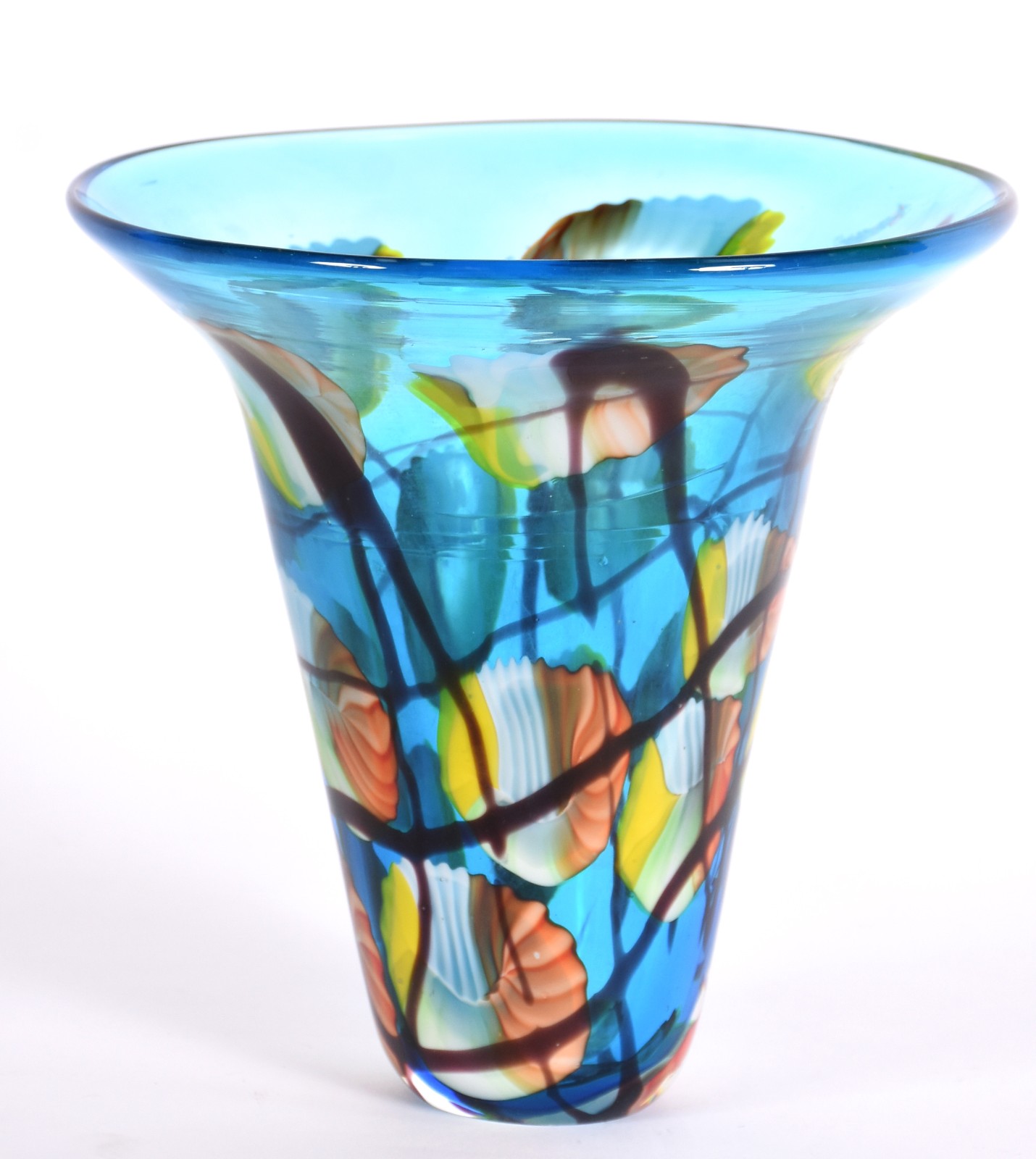 Vaso decorativo de vidro azul com detalhes coloridos. - foto 1 de 3